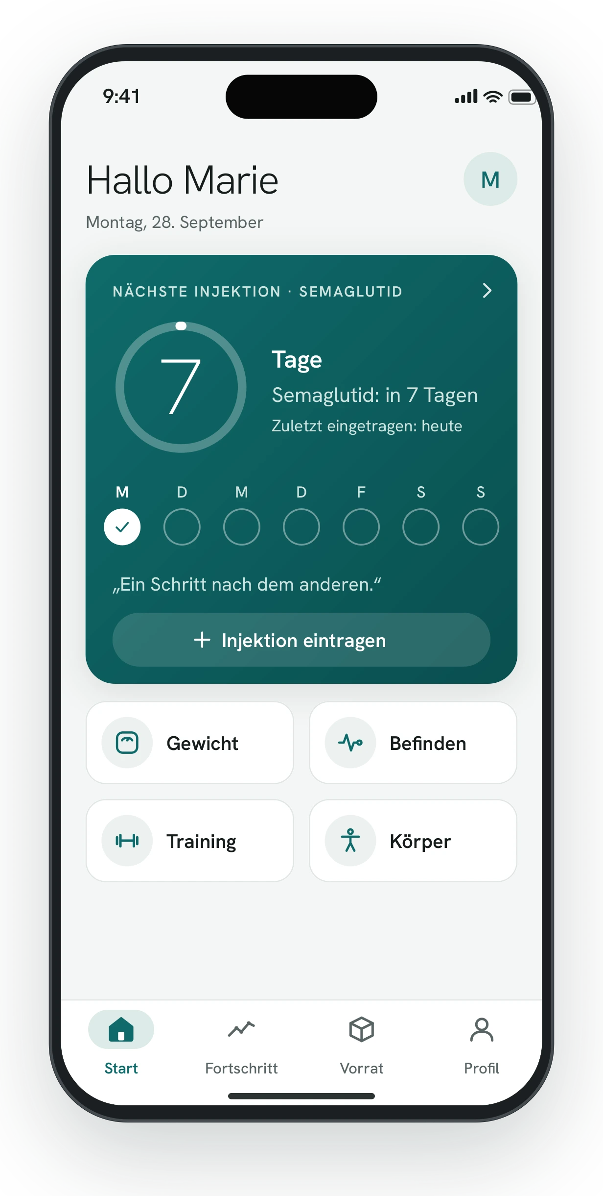 Startseite mit Beispieldaten: nächste Injektion in 7 Tagen, Wochenübersicht mit erledigtem Eintrag